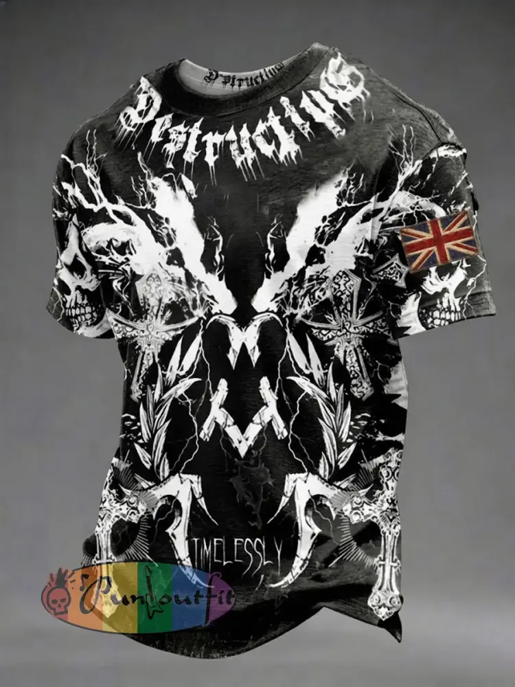 Men’s Gothic Skull UK Flag Printed T-shirt