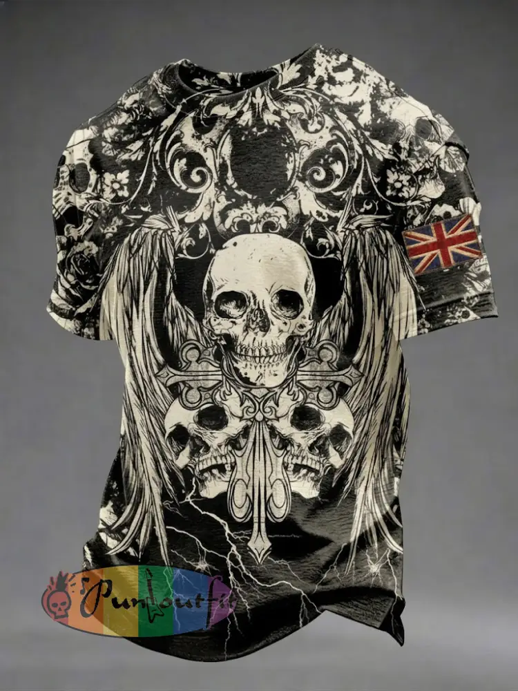 Men’s Gothic Skull UK Flag Printed T-shirt