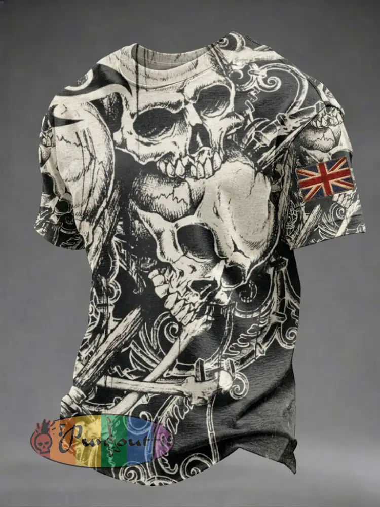 Men’s Gothic Skull UK Flag Printed T-shirt