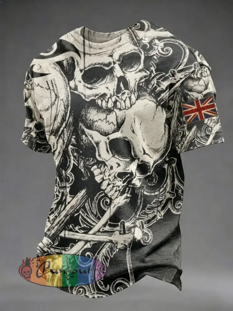 Men’s Gothic Skull UK Flag Printed T-shirt