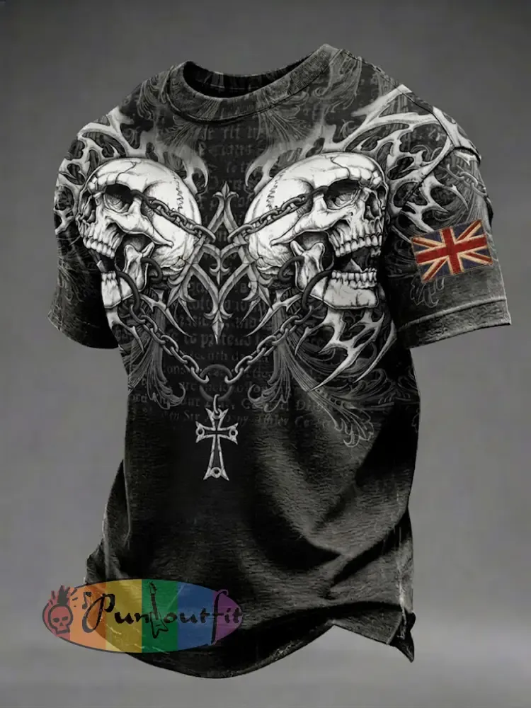Men’s Gothic Skull UK Flag Printed T-shirt