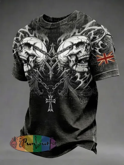 Men’s Gothic Skull UK Flag Printed T-shirt
