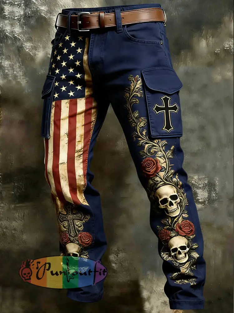 Men’s Retro Vacation Business Skull Art Print Casual Workwear Trousers