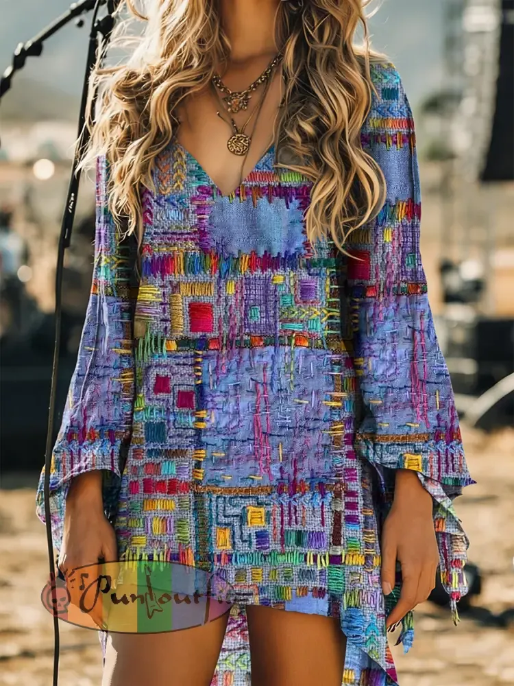 Women’s Vintage Bohemia Art Print Long Sleeve Cotton Shirtdress