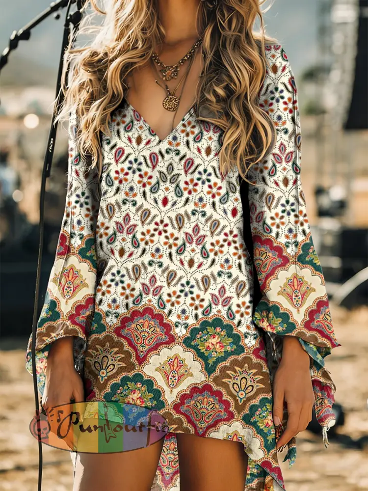 Women’s Vintage Bohemia Art Print Long Sleeve Cotton Shirtdress