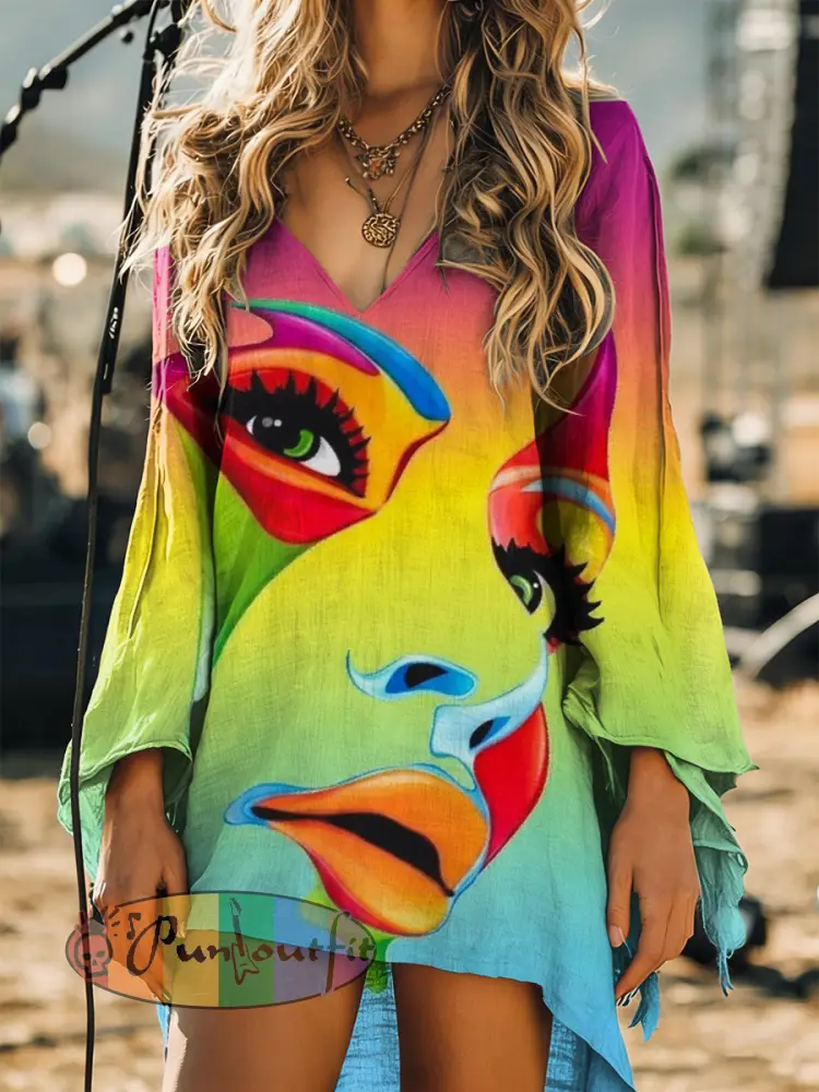 Women’s Vintage Bohemia Art Print Long Sleeve Cotton Shirtdress