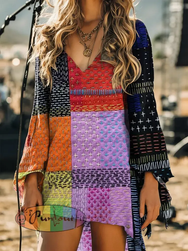 Women’s Vintage Bohemia Art Print Long Sleeve Cotton Shirtdress