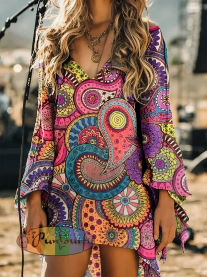Women’s Vintage Bohemia Art Print Long Sleeve Cotton Shirtdress