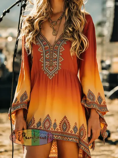 Women’s Vintage Bohemia Art Print Long Sleeve Cotton Shirtdress