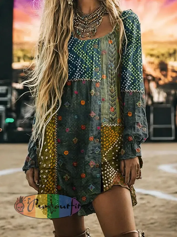 Women’s Vintage Bohemia Art Print Long Sleeve Cotton Shirtdress