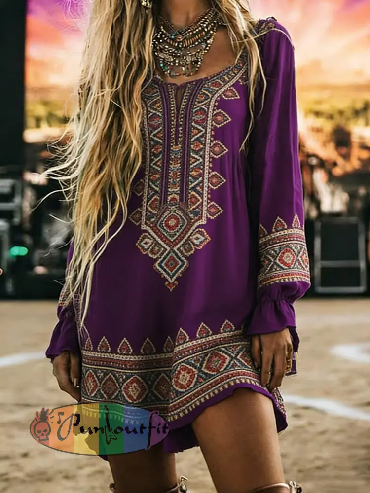 Women’s Vintage Floral Art Print Long Sleeve Cotton Shirtdress