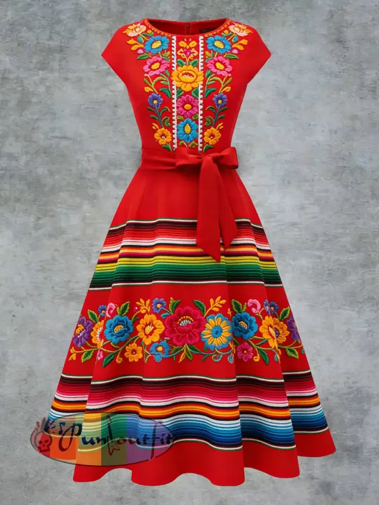 Women’s Elegant Casual Mexican Flowers Art Printed Short Sleeve Dress