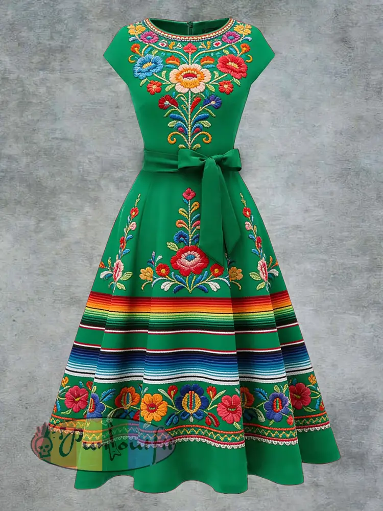 Women’s Elegant Casual Mexican Flowers Art Printed Short Sleeve Dress