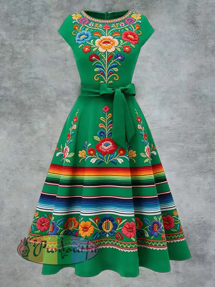 Women’s Elegant Casual Mexican Flowers Art Printed Short Sleeve Dress