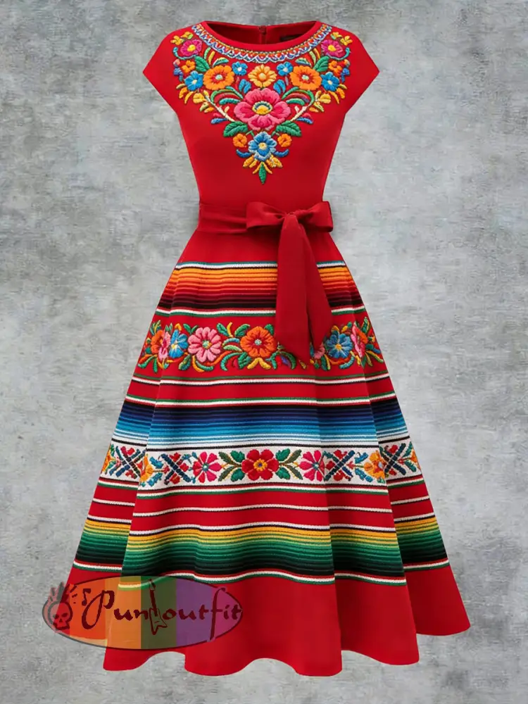 Women’s Elegant Casual Mexican Flowers Art Printed Short Sleeve Dress