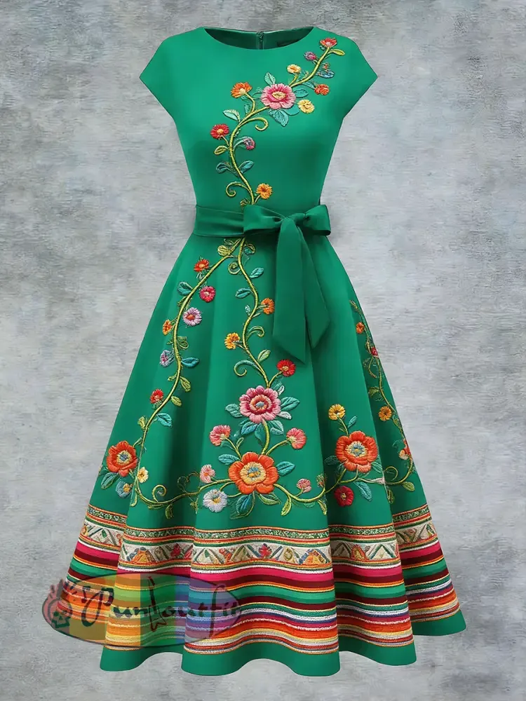 Women’s Elegant Casual Mexican Flowers Art Printed Short Sleeve Dress