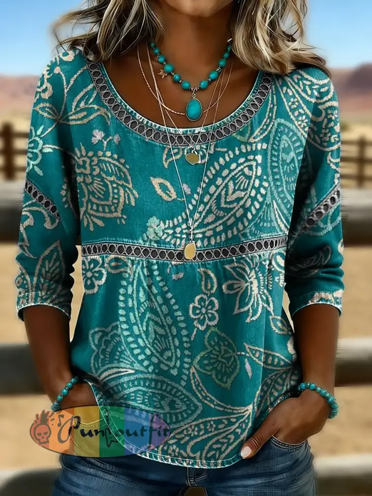 Women’s Retro Western Art Print Casual T-shirt
