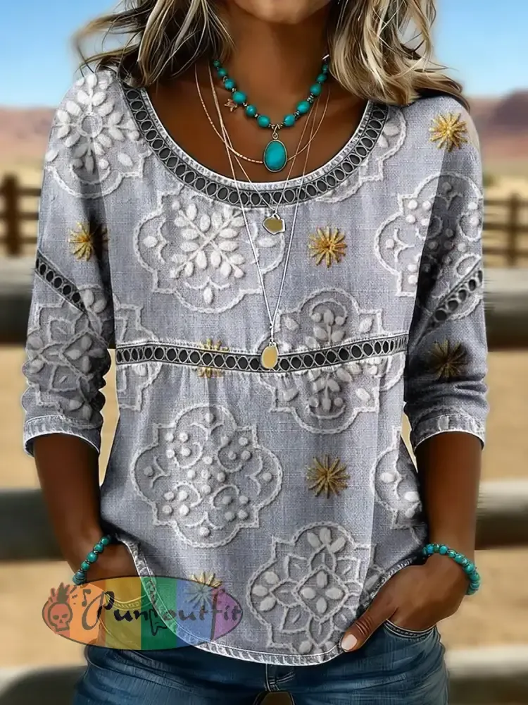 Women’s Retro Western Art Print Casual T-shirt