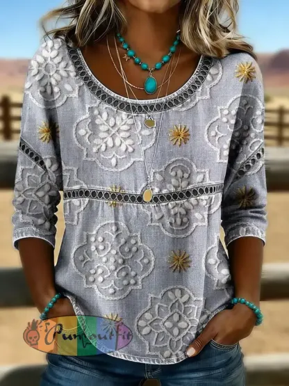Women’s Retro Western Art Print Casual T-shirt