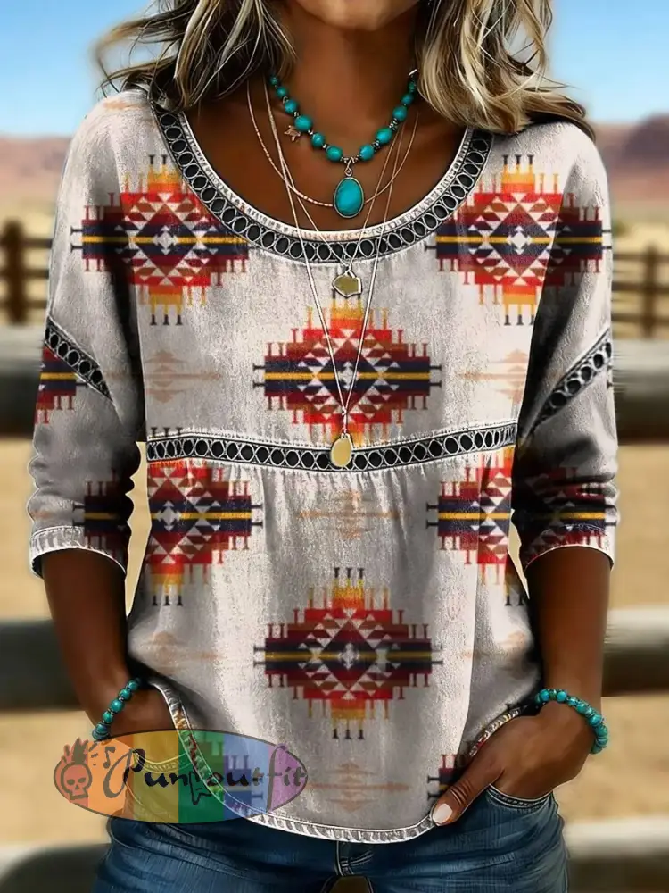 Women’s Retro Western Aztec Print Casual T-shirt