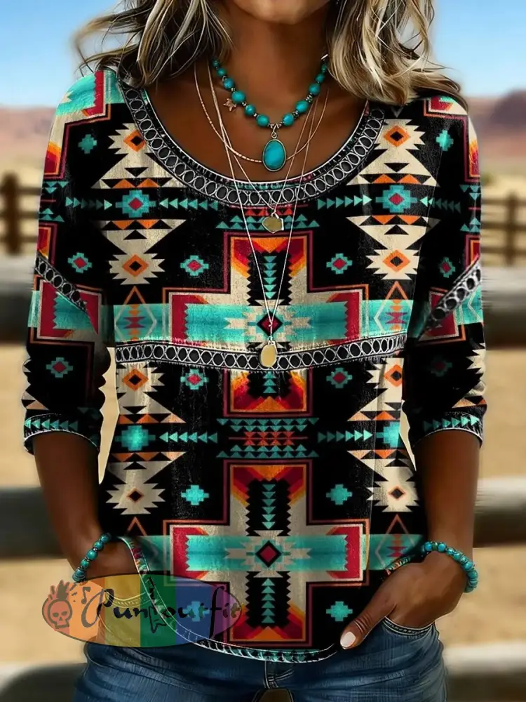 Women’s Retro Western Aztec Print Casual T-shirt