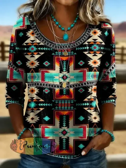 Women’s Retro Western Aztec Print Casual T-shirt