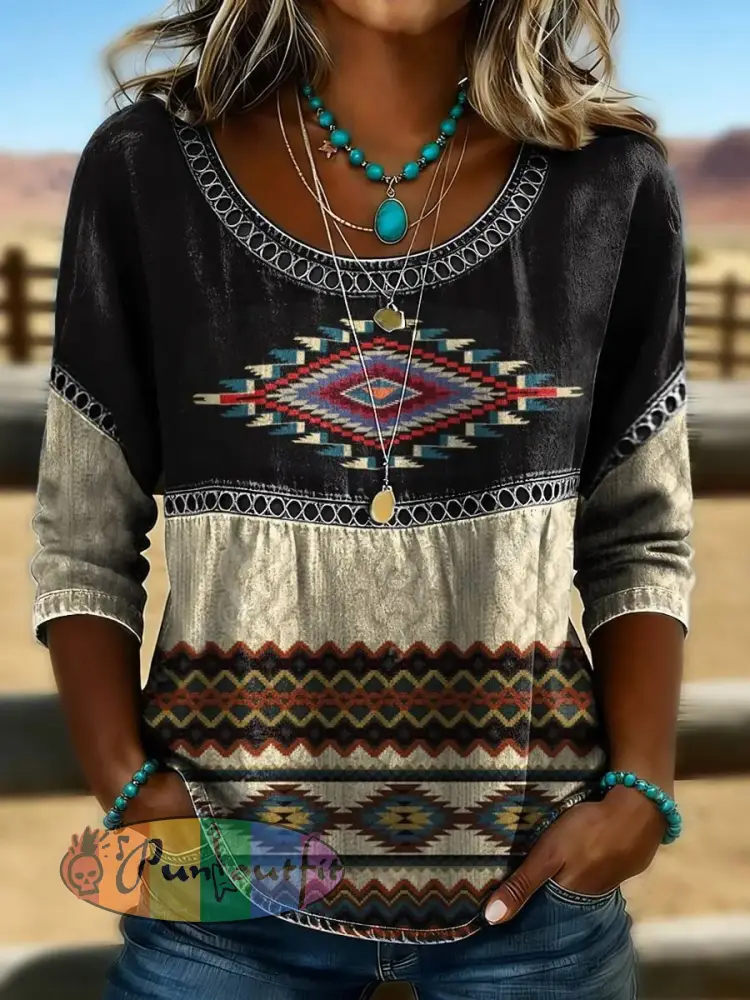 Women’s Retro Western Aztec Print Casual T-shirt