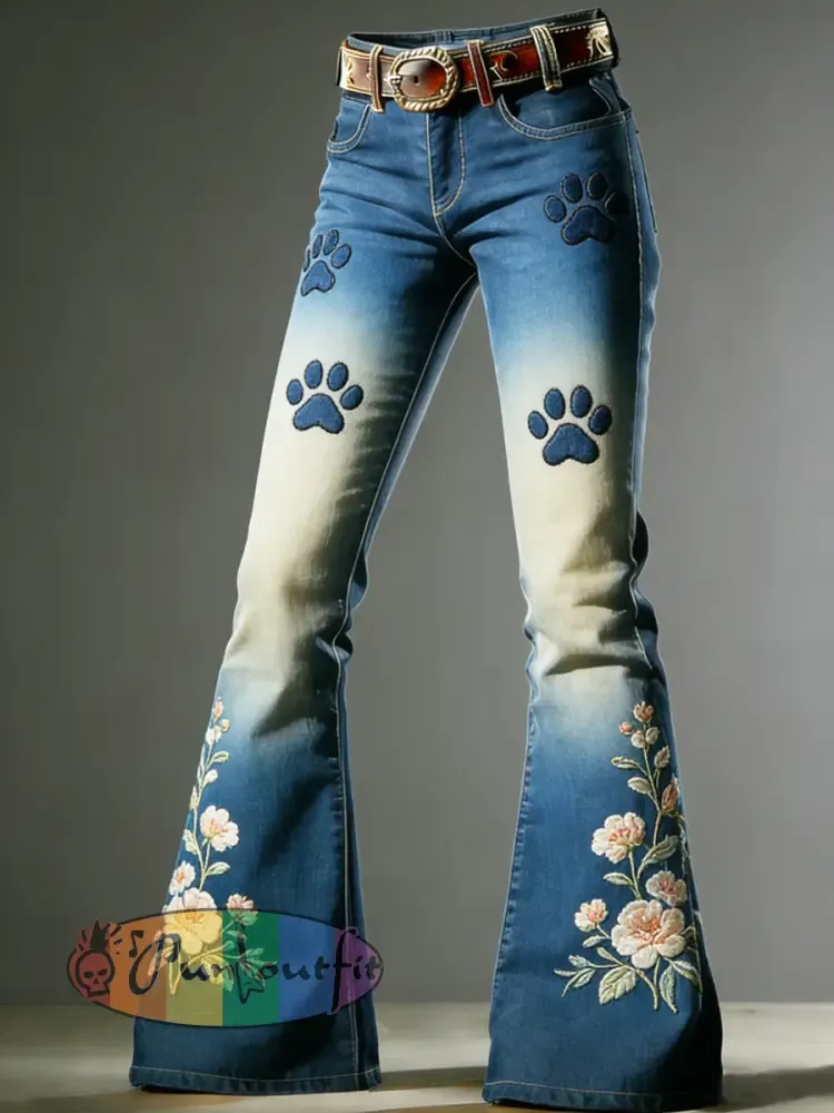 Women’s Art Dog Paw Print Flared Trousers