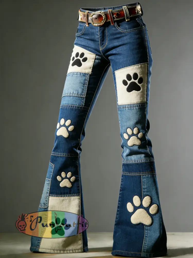 Women’s Art Dog Paw Print Flared Trousers