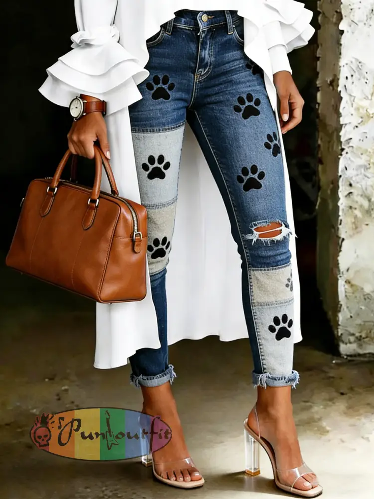 Women’s Artistic Dog Paw Print Jeans