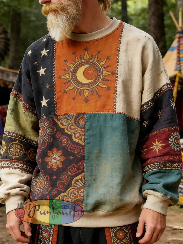Men’s Vintage Sun Moon Star Patchwork Art Music Note Crew Neck Sweatshirt