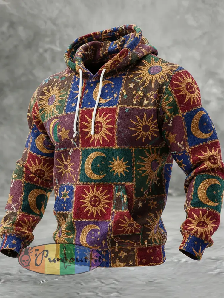 Men’s Vintage Sun Moon Star Patchwork Art Printed Hoodie