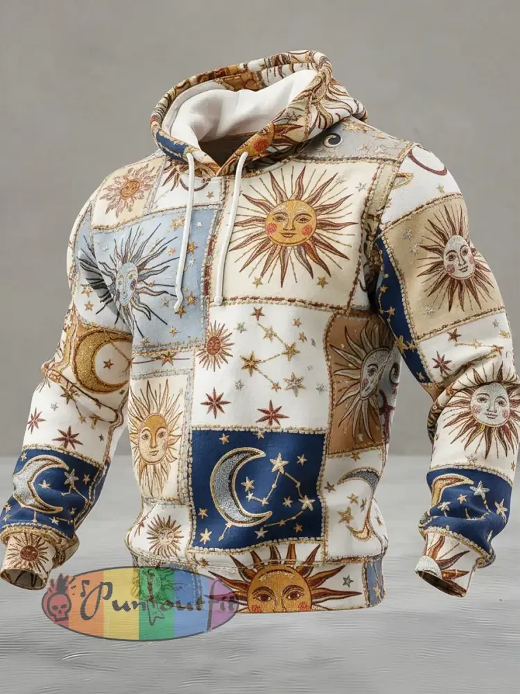 Men’s Vintage Sun Moon Star Patchwork Art Printed Hoodie