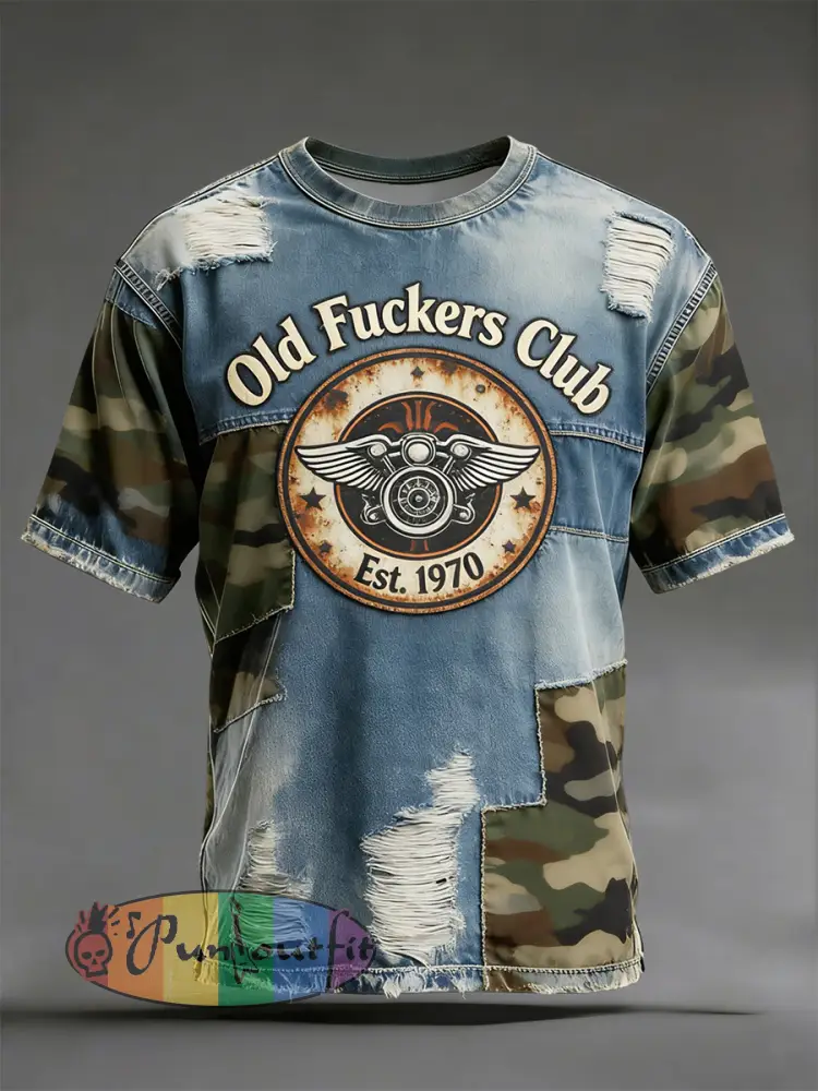 Vintage-Washed “Old Fuckers Club” Patchwork Casual T-Shirt