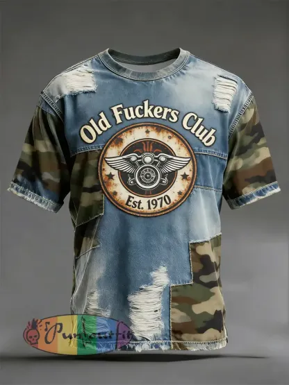 Vintage-Washed “Old Fuckers Club” Patchwork Casual T-Shirt