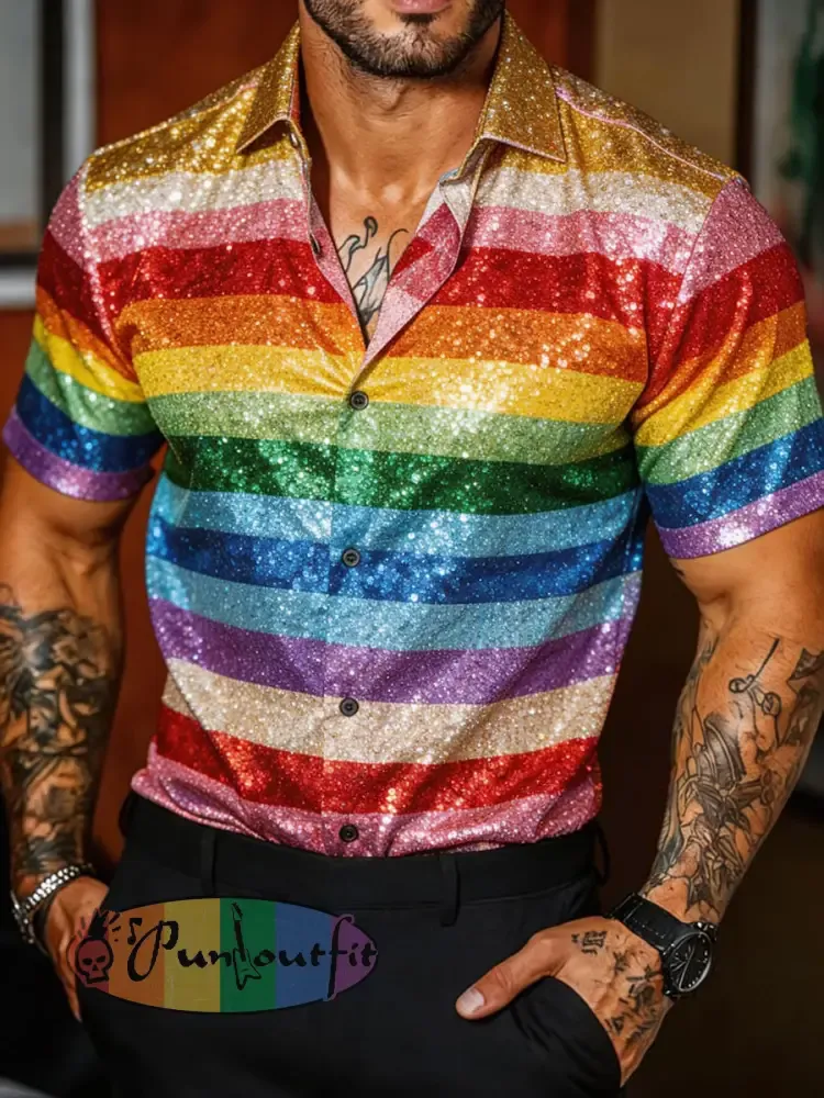 Men’s Rainbow Stripe Art Print Casual Shirt