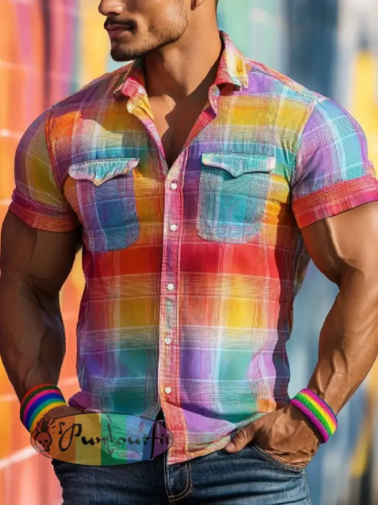 Men’s Pride Month Rainbow Plaid Art Printed Shirt