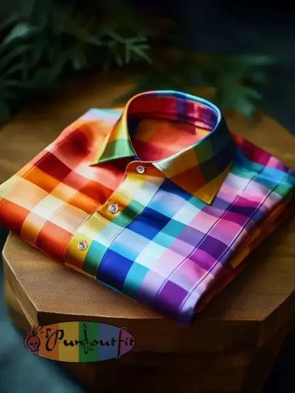 Men’s Pride Month Rainbow Plaid Art Printed Shirt
