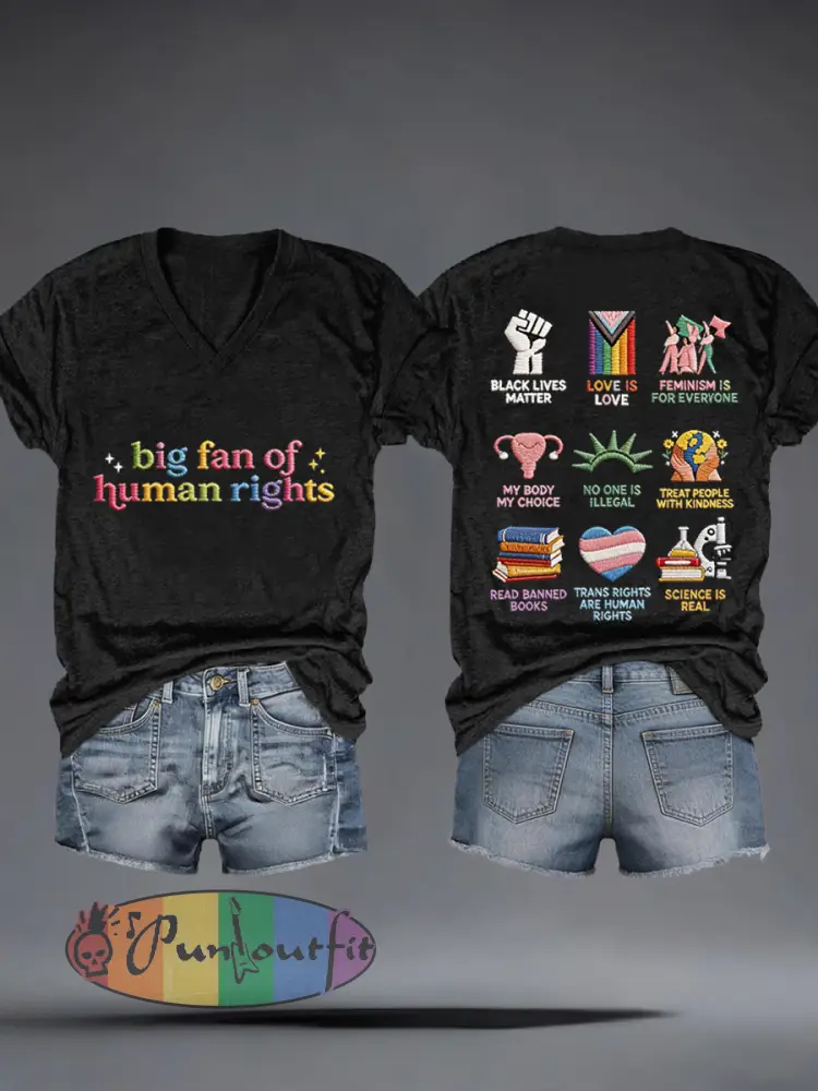 Women’s Big Fan of Human Rights Embroidery Pattern V-Neck T-Shirt