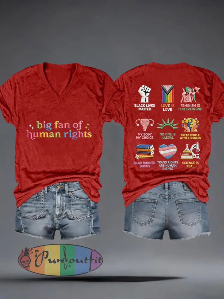 Women’s Big Fan of Human Rights Embroidery Pattern V-Neck T-Shirt