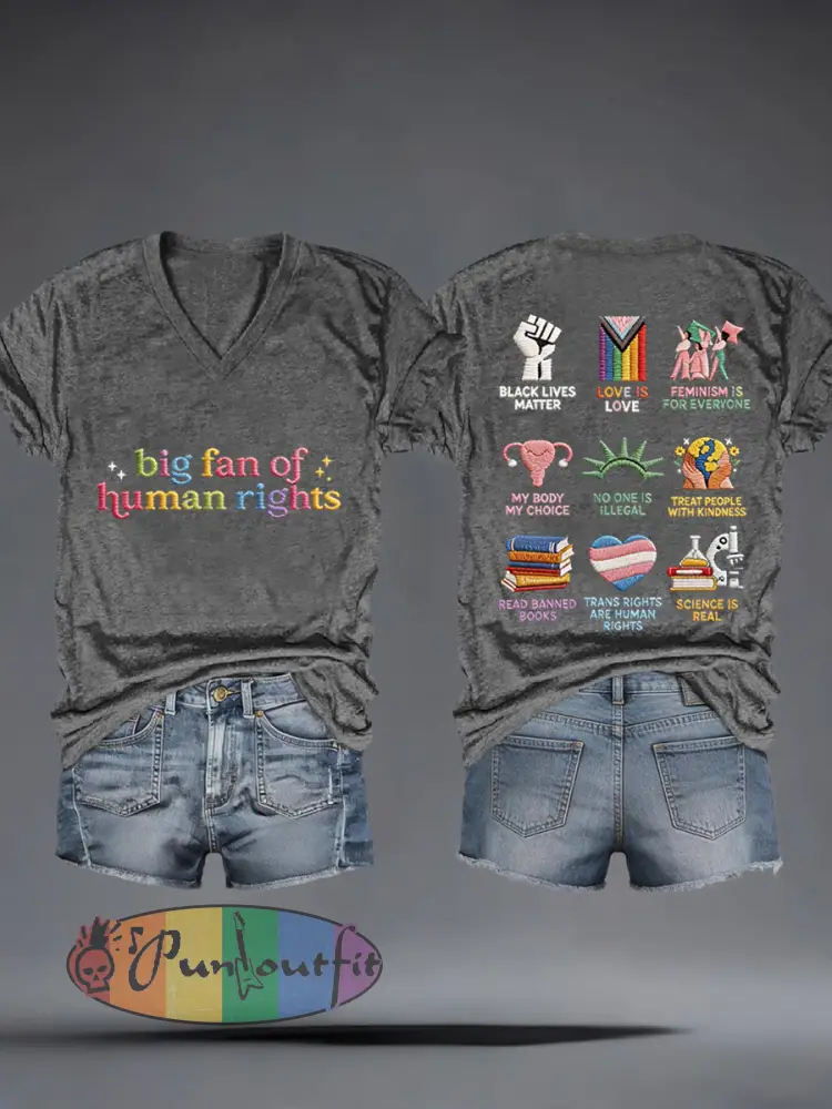 Women’s Big Fan of Human Rights Embroidery Pattern V-Neck T-Shirt