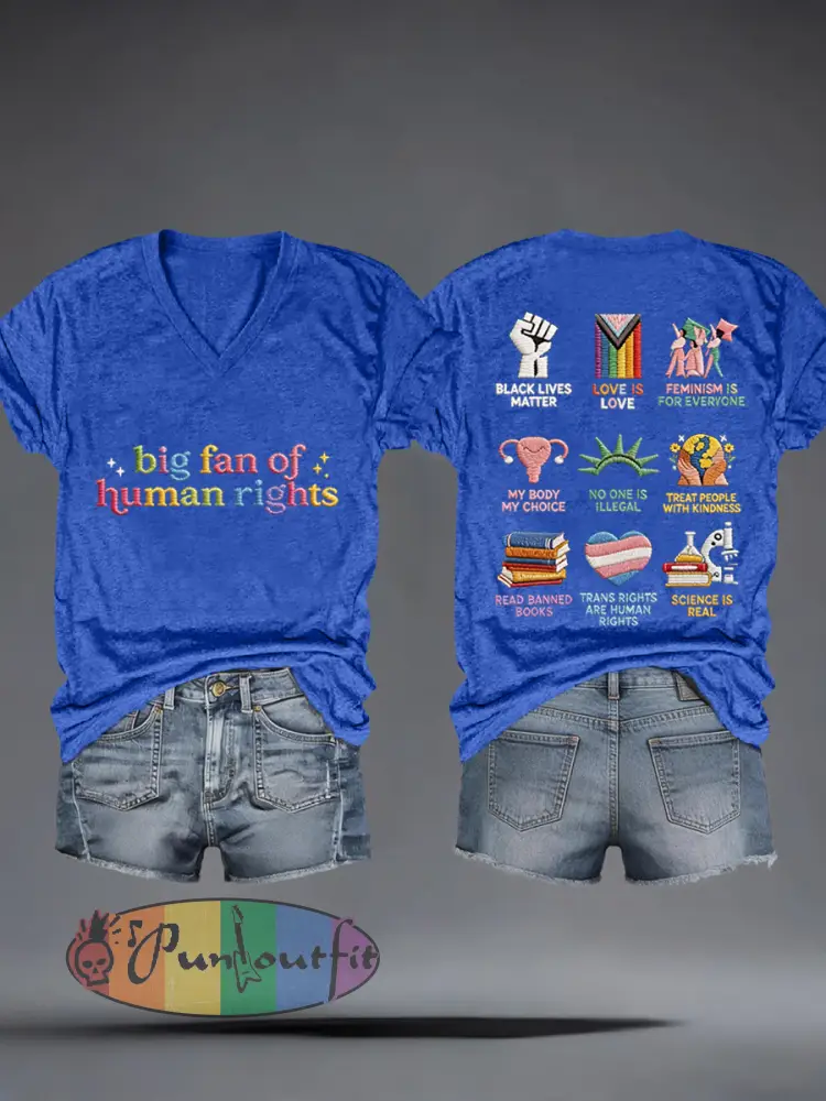 Women’s Big Fan of Human Rights Embroidery Pattern V-Neck T-Shirt