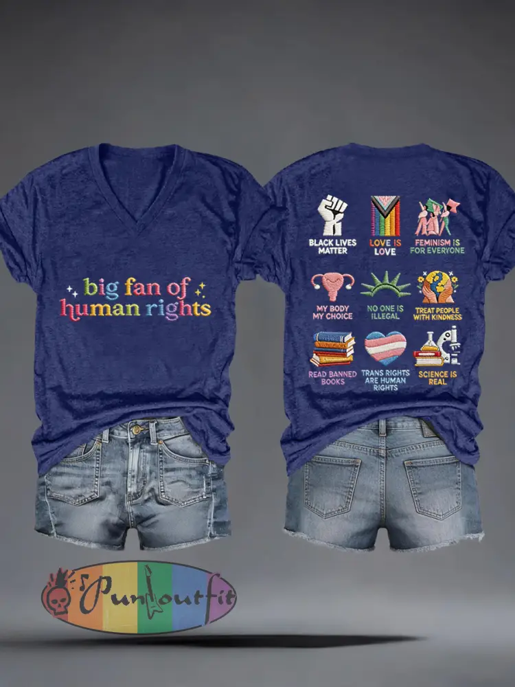 Women’s Big Fan of Human Rights Embroidery Pattern V-Neck T-Shirt