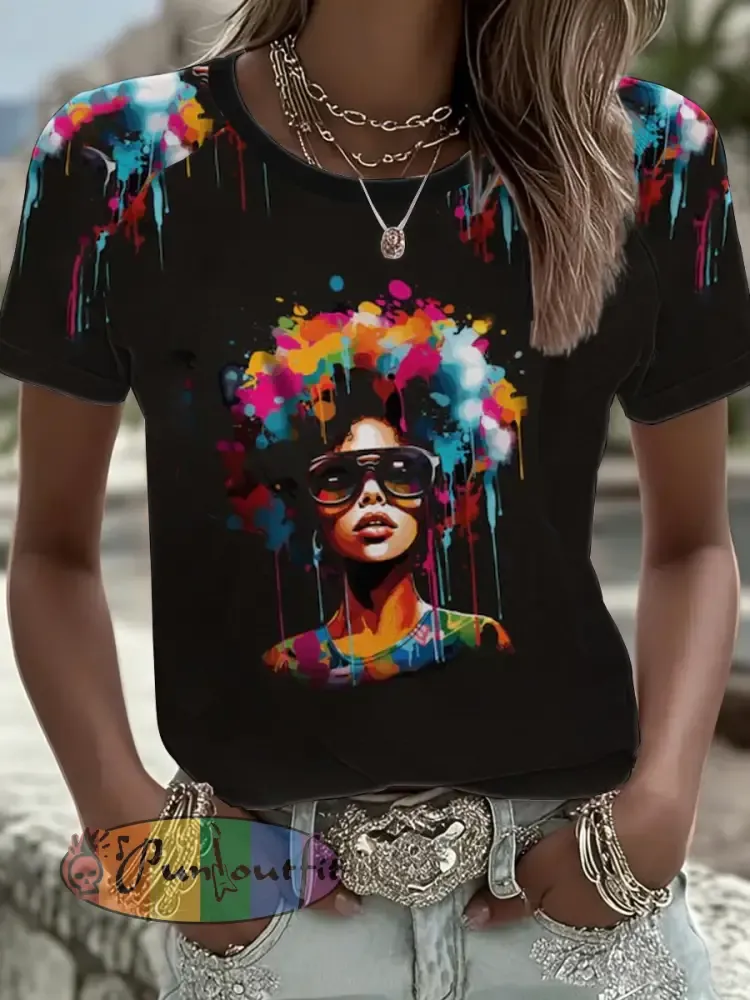 Women’s Black Juneteenth Black Women Watercolor Graphic round neck short sleeve T-shirt