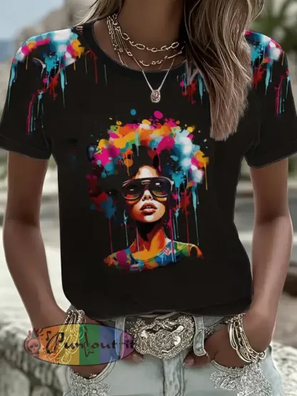 Women’s Black Juneteenth Black Women Watercolor Graphic round neck short sleeve T-shirt