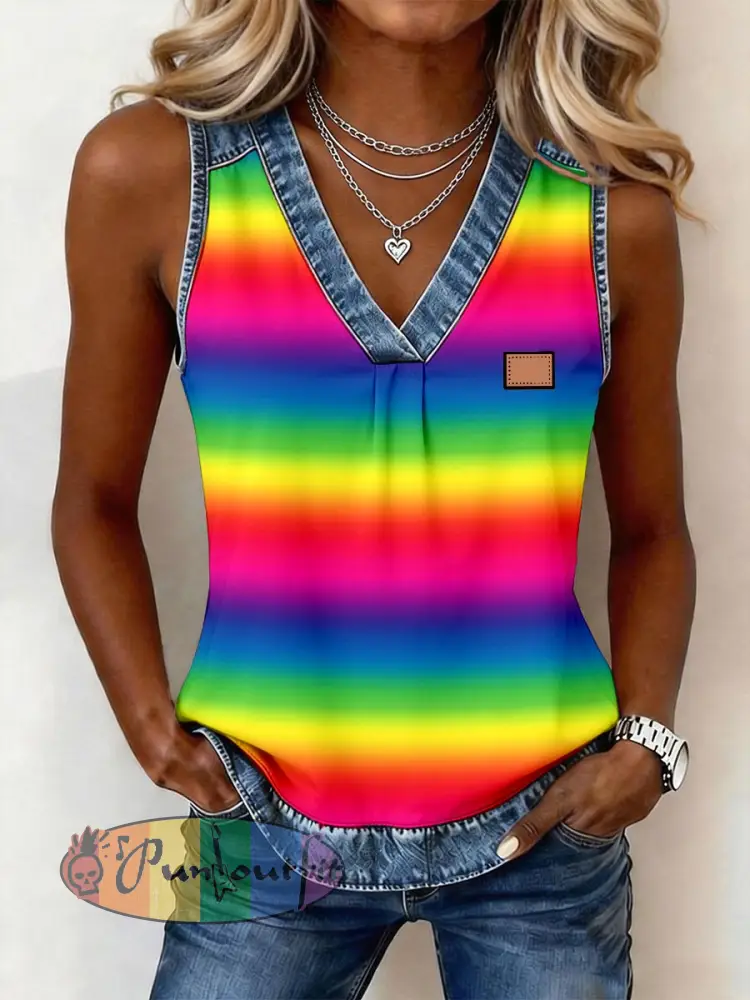 Women’s Rainbow Colored Striped Print Denim Patchwork Top