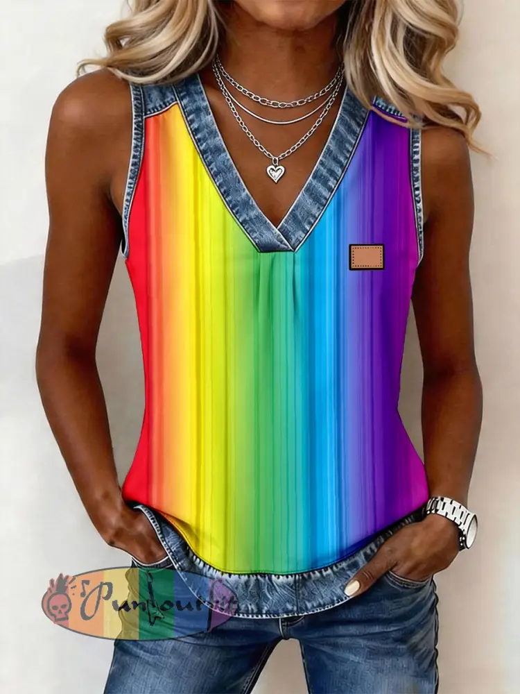 Women’s Rainbow Colored Striped Print Denim Patchwork Top