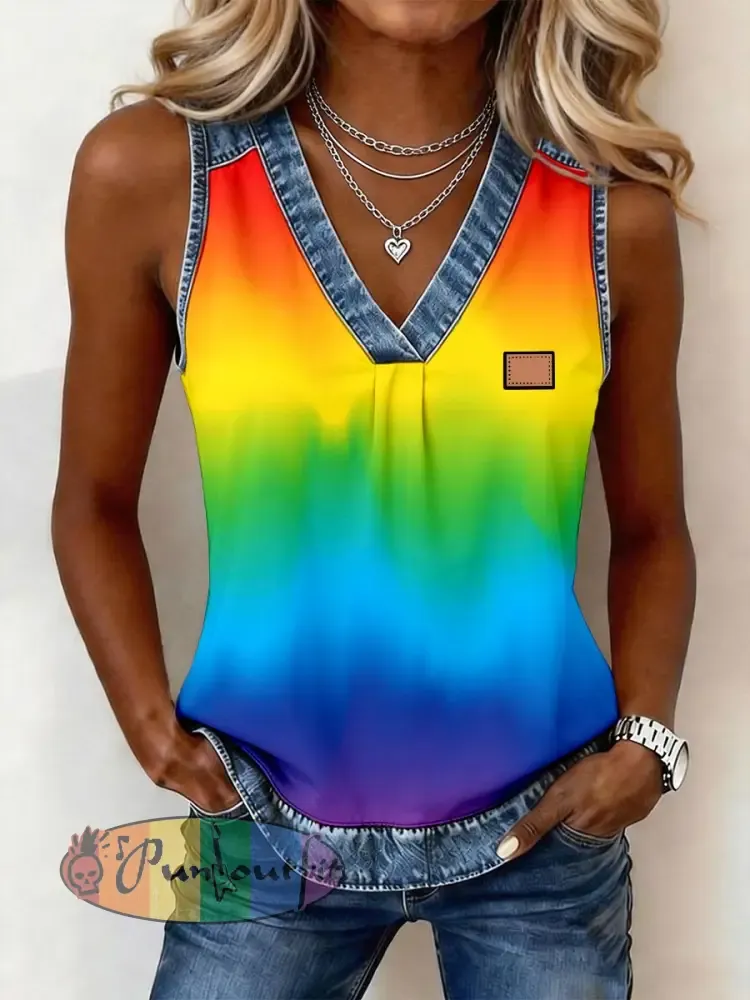 Women’s Rainbow Colored Print Denim Patchwork Top