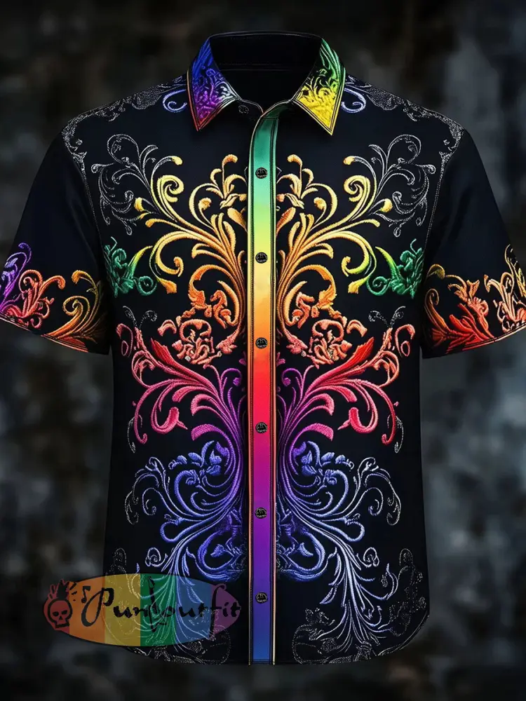 Men’s Rainbow Gradient Baroque Art Print Casual Shirt