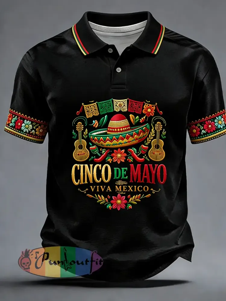Retro Mexican Cinco de Mayo Art Print Casual Polo Shirt